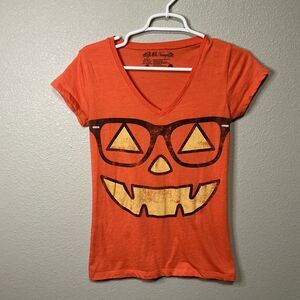 L.O.L Vintage Pumpkin Face Halloween Graphic V-Neck T-Shirt Orange Size M